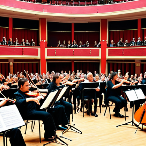 **Prompt:** A vibrant concert scene at the National Theatre of Opera and Ballet in Tirana, Albania. The orchestra is performing a piece that blends traditional Albanian folk melodies with Western classical music elements. Audience members are visibly moved by the performance. Include traditional Albanian musical instruments like the *çifteli* subtly integrated into the orchestra.