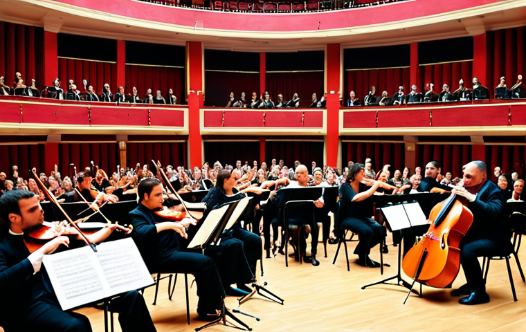 **Prompt:** A vibrant concert scene at the National Theatre of Opera and Ballet in Tirana, Albania. The orchestra is performing a piece that blends traditional Albanian folk melodies with Western classical music elements. Audience members are visibly moved by the performance. Include traditional Albanian musical instruments like the *çifteli* subtly integrated into the orchestra.