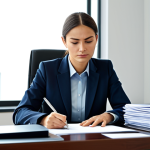 A professional individual, fully clothed in a modest business suit, seated at a modern office desk. The desk is neat, with official-looking documents and a pen, emphasizing the administrative process of applying for a new document. The person is looking thoughtfully at a form, with an expression of focused determination. The background is a clean, well-lit office environment, suggesting a government agency or a personal workspace dedicated to important paperwork. safe for work, appropriate content, perfect anatomy, correct proportions, natural pose, well-formed hands, professional photography, high quality.