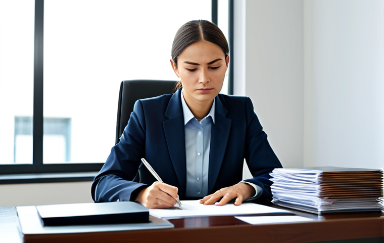 A professional individual, fully clothed in a modest business suit, seated at a modern office desk. The desk is neat, with official-looking documents and a pen, emphasizing the administrative process of applying for a new document. The person is looking thoughtfully at a form, with an expression of focused determination. The background is a clean, well-lit office environment, suggesting a government agency or a personal workspace dedicated to important paperwork. safe for work, appropriate content, perfect anatomy, correct proportions, natural pose, well-formed hands, professional photography, high quality.