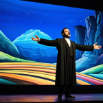 A professional male opera singer, mid-performance, standing on the grand stage of the National Theatre for Opera and Ballet in Tirana, Albania. He is fully clothed in elegant, traditional opera attire. Behind him, dynamic digital projections display a shifting abstract landscape, seamlessly blending classical art with modern technology. The stage is bathed in dramatic and vibrant lighting, highlighting the performer's powerful expression and presence. The atmosphere is captivating and innovative, safe for work, appropriate content, modest clothing, family-friendly, perfect anatomy, correct proportions, natural pose, well-formed hands, proper finger count, natural body proportions, professional photography, high quality, cinematic lighting.