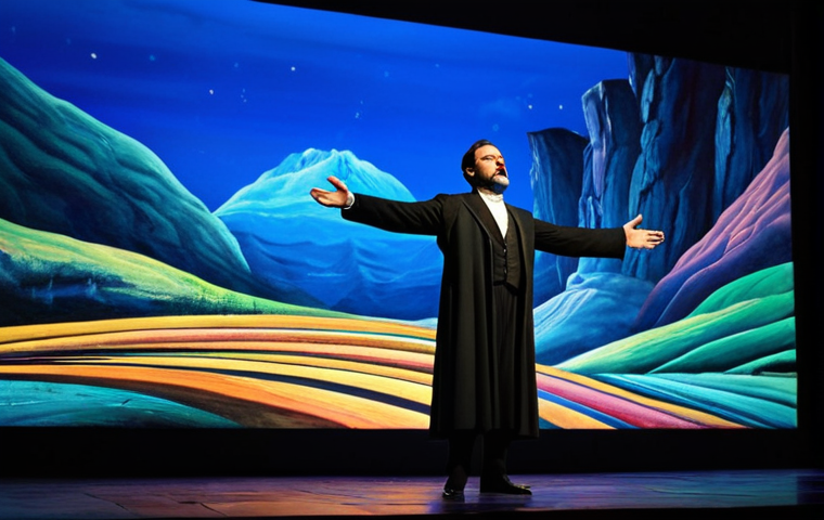 A professional male opera singer, mid-performance, standing on the grand stage of the National Theatre for Opera and Ballet in Tirana, Albania. He is fully clothed in elegant, traditional opera attire. Behind him, dynamic digital projections display a shifting abstract landscape, seamlessly blending classical art with modern technology. The stage is bathed in dramatic and vibrant lighting, highlighting the performer's powerful expression and presence. The atmosphere is captivating and innovative, safe for work, appropriate content, modest clothing, family-friendly, perfect anatomy, correct proportions, natural pose, well-formed hands, proper finger count, natural body proportions, professional photography, high quality, cinematic lighting.